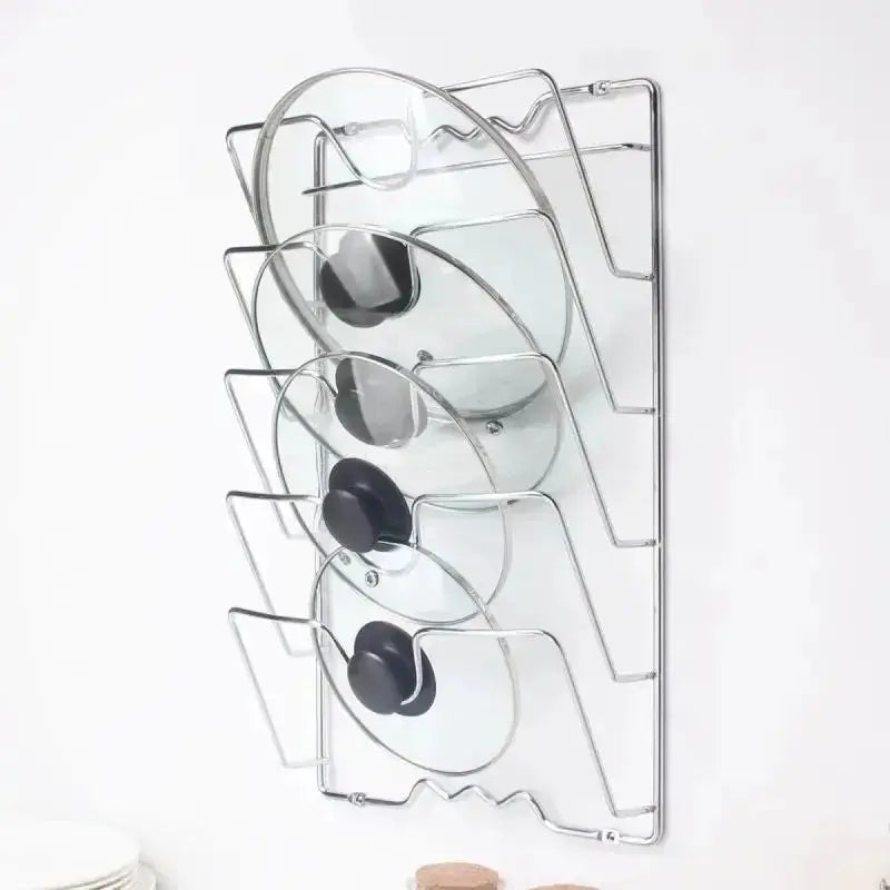 Pot lid rack, five-tier metal wall-mounted rust-free kitchen organizer for five lids.