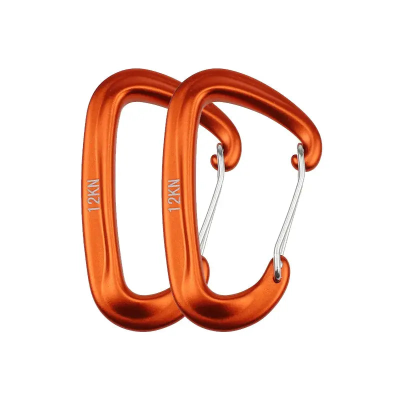 Two orange D-shaped climbing carabiners with silver gates, 12KN load rating.