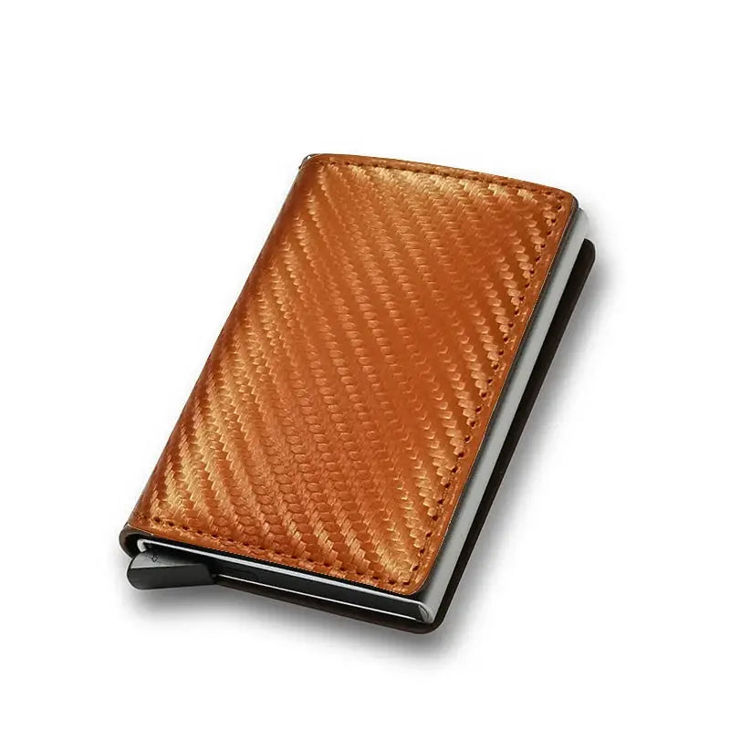 RFID card holder wallet, brown carbon fiber; minimalist, pop-up card case