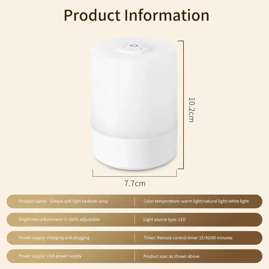 Simples Market bedside LED touch night light, white cylindrical rechargeable lamp with 10.2 cm height, dimmable