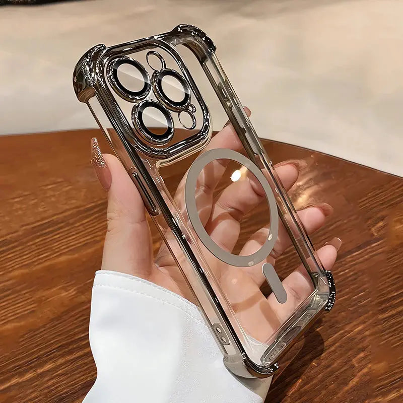 Transparent phone case with plating shockproof airbag for iPhone 12–17 Pro Max, MagSafe compatible