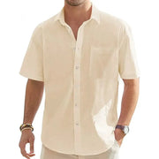 Simples Market men's solid cotton-linen short-sleeve shirt with chest pocket in beige