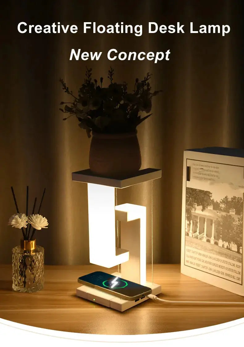 Floating desk lamp with 10 W wireless charger; white LED decorative light on a modern stand