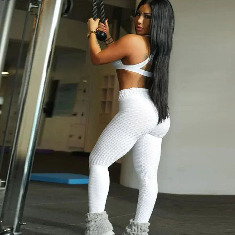 Women’s white high-waist bubble leggings; seamless textured yoga pants for gym, training and running