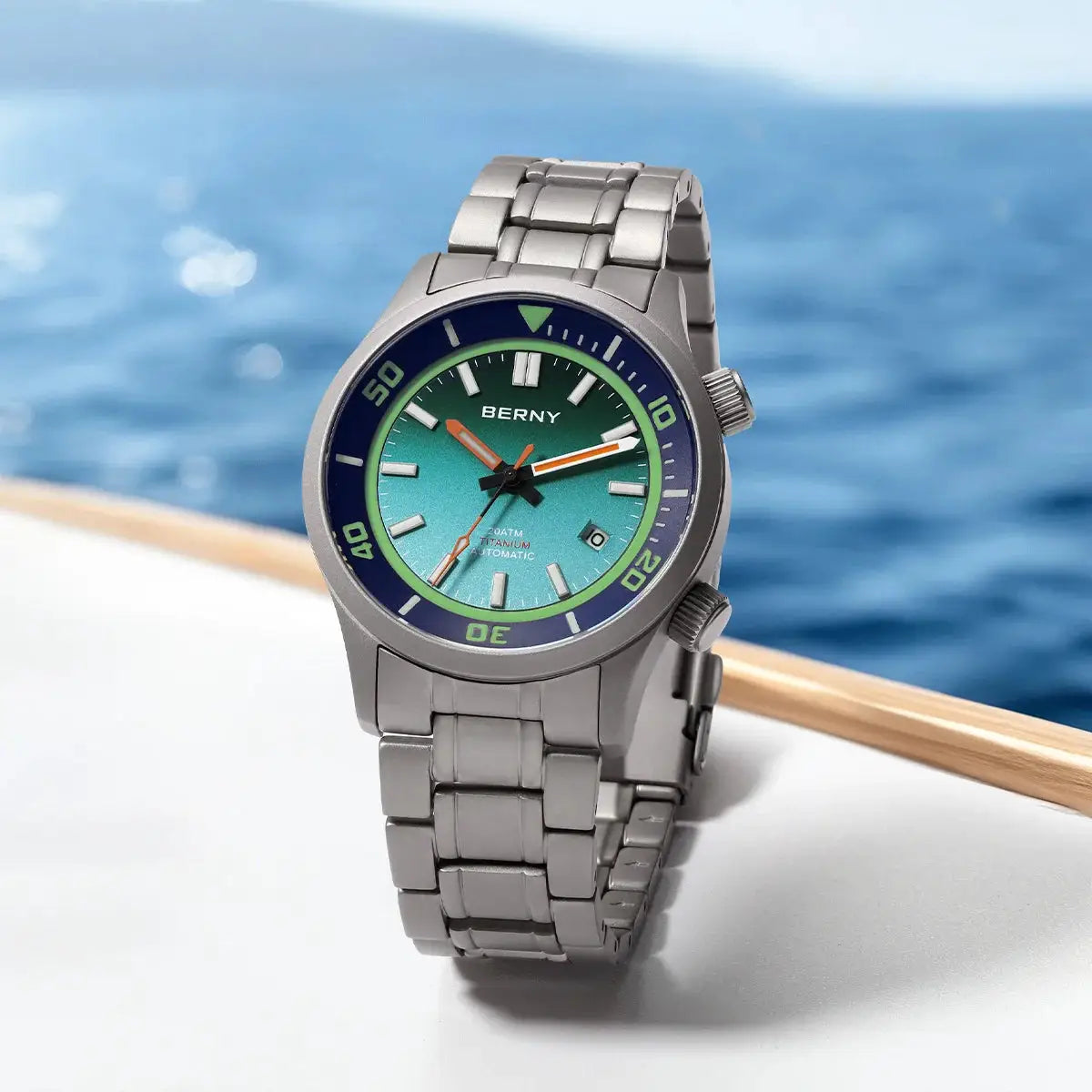 BERNY 20ATM titanium automatic diver watch for men with gradient teal dial, blue-green bezel, and titanium bracelet