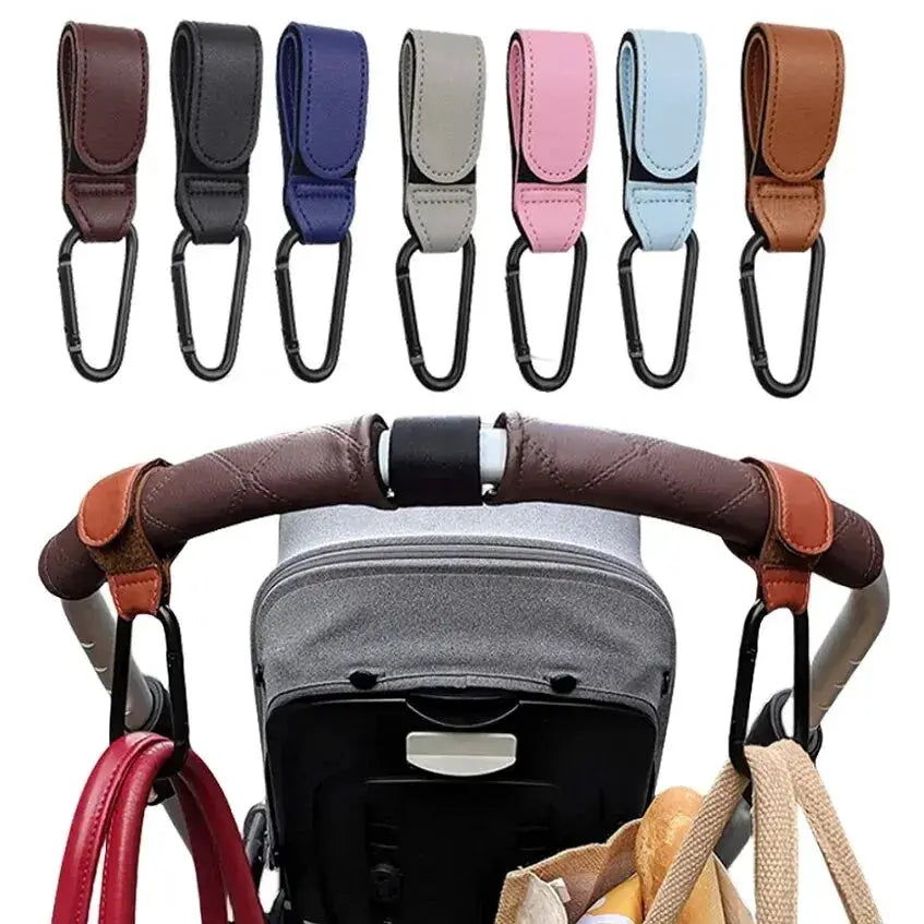 2 Pack PU Leather Stroller Hooks Adjustable Pram Hanger For Diaper Bags Baby Travel Accessories