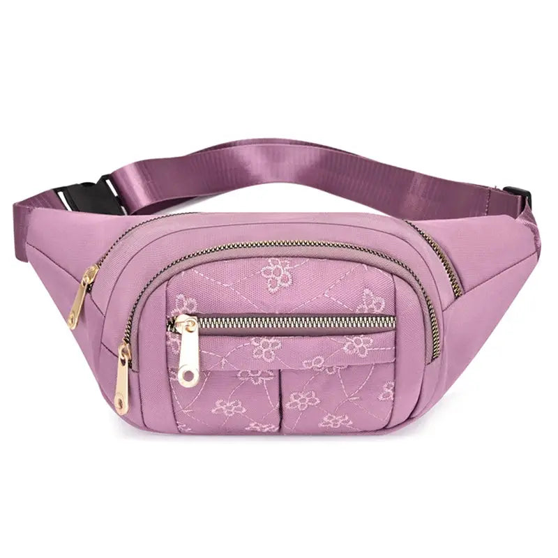 Simples Market women's waist bag in purple oxford cloth, waterproof belt bag with floral embroidery and zippers.