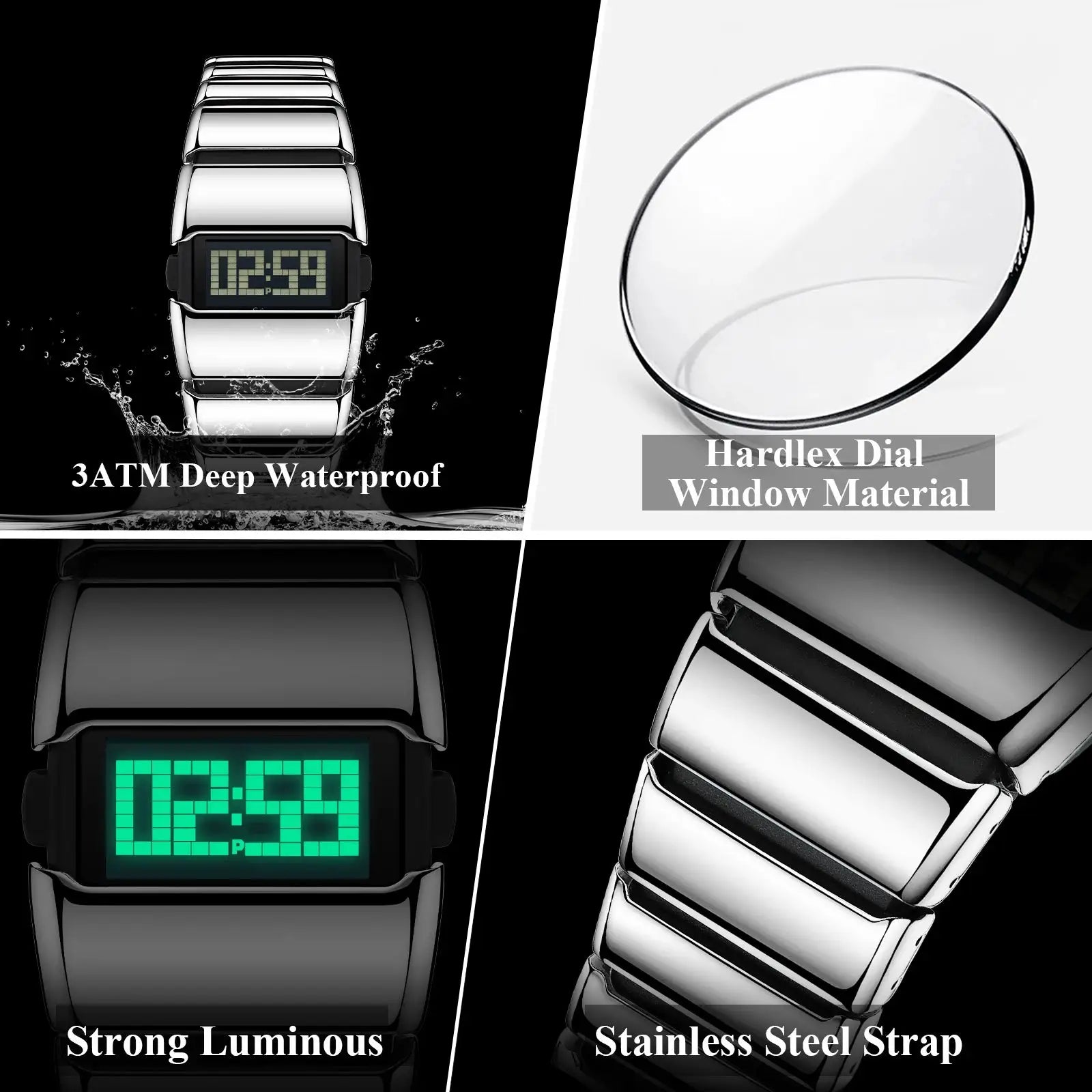 POEDAGAR fashion LED men's watch with stainless steel strap, waterproof 3ATM and hardlex dial.
