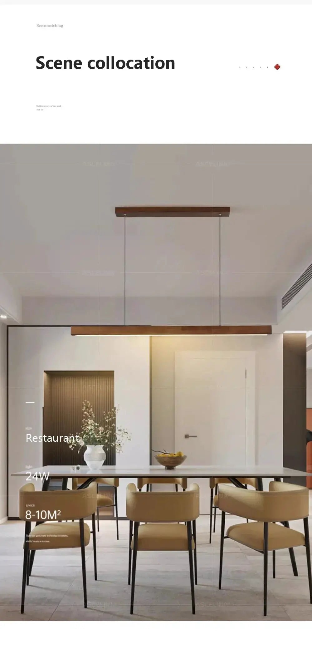 DAMIASMIL LED pendant light with brown wooden long-strip over dining table