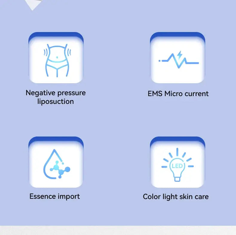 Face Sculpting Massager with four blue icons: liposuction, EMS micro current, essence import, color light skin care.
