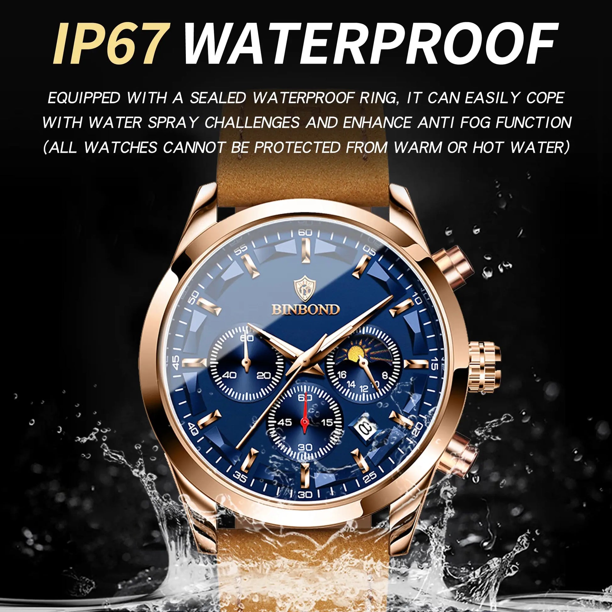 BINBOND men's chronograph wristwatch with blue dial and rose-gold case, IP67 waterproof