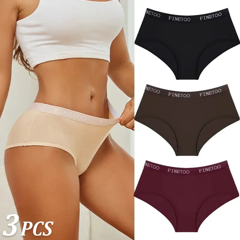 3Pcs women's cotton briefs set with Finetoo logo waistband in beige, black, brown and burgundy