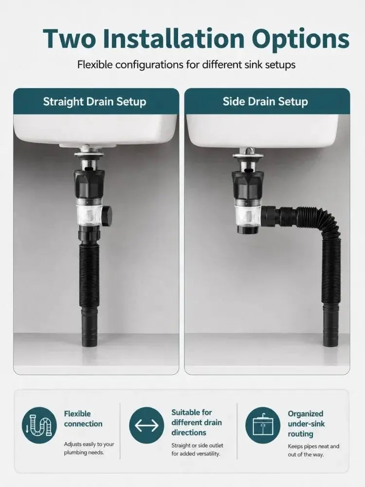 Simples Market bathroom sink drain kit with flexible hose, ABS body, stainless steel top side outlet, two setup options