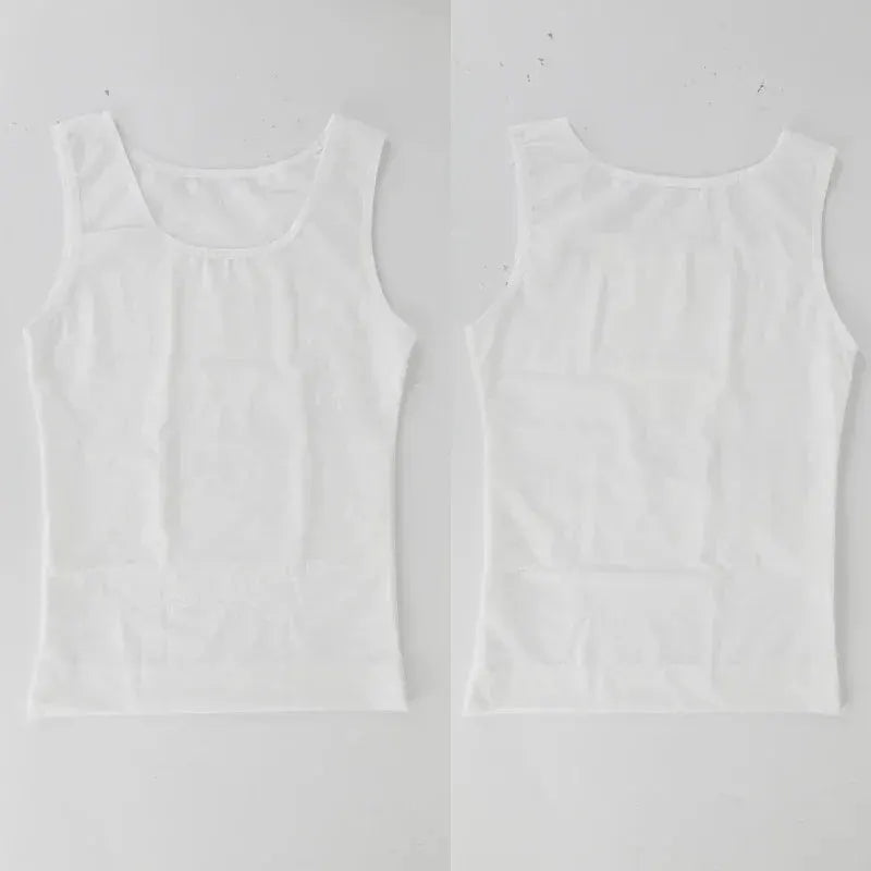 2 white men's slimming body shaper vests, sleeveless undershirts, front and back views