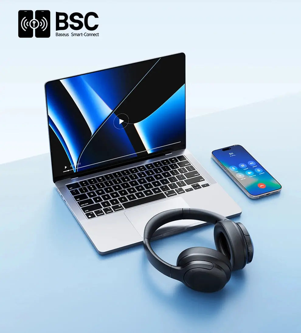Baseus wireless over-ear headphones in black, shown with laptop and smartphone