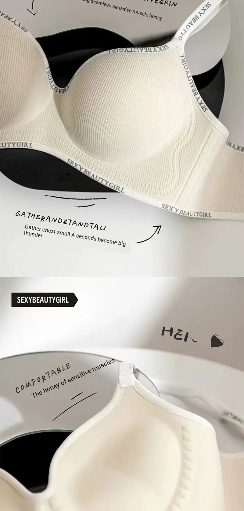 Seamless push-up bra in cream, textured cups, SEXYBEAUTYGIRL branded band.