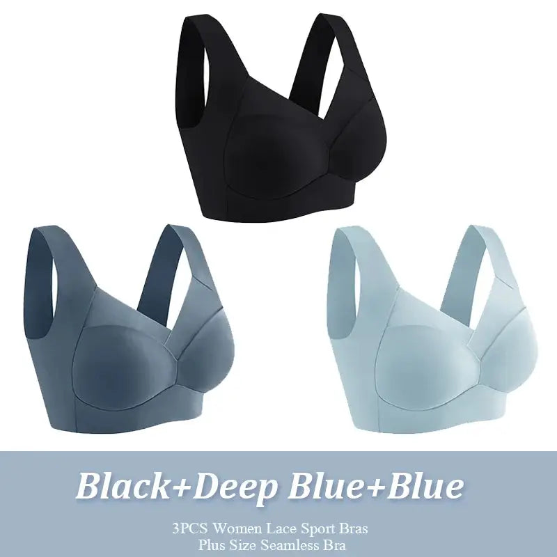 3-pack women's seamless wireless sport bras in black, deep blue, and light blue with wide straps and smooth cups