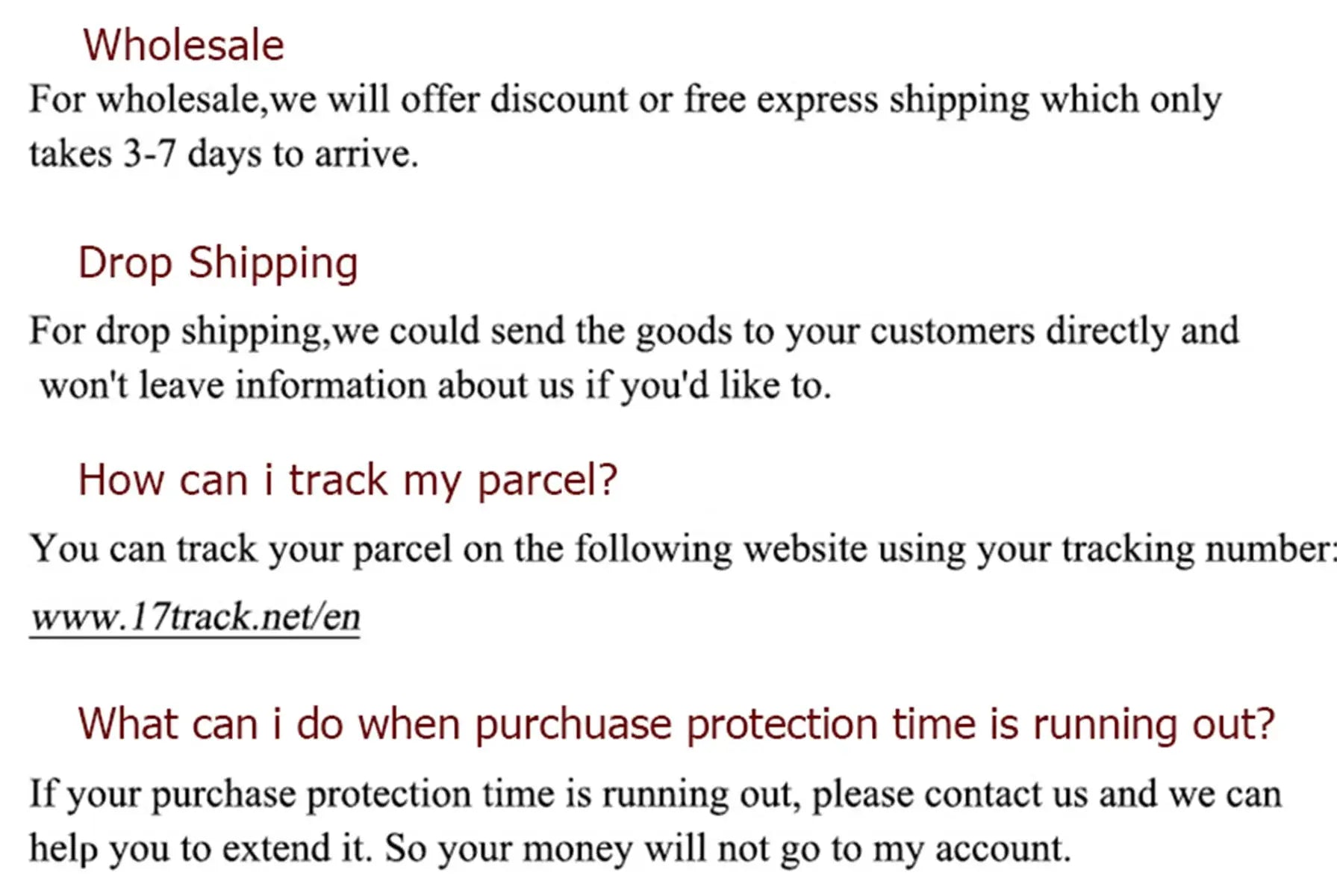 Wholesale information page showing Drop Shipping and parcel tracking details