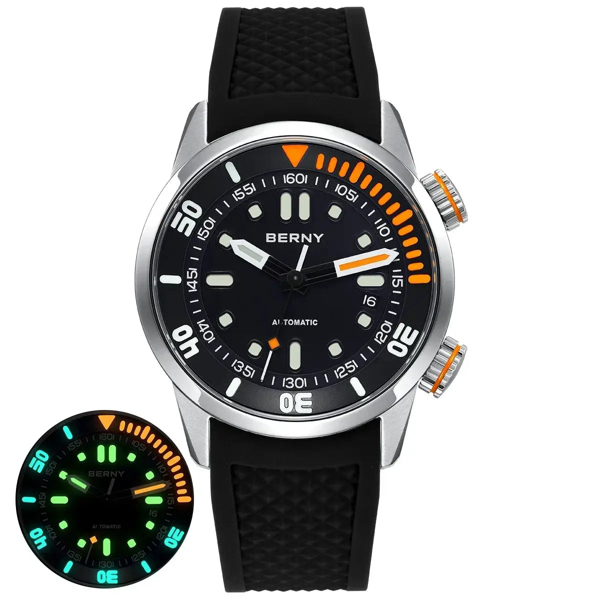 BERNY automatic dive watch for men with black dial, orange accents, and black rubber strap; luminescent hands.