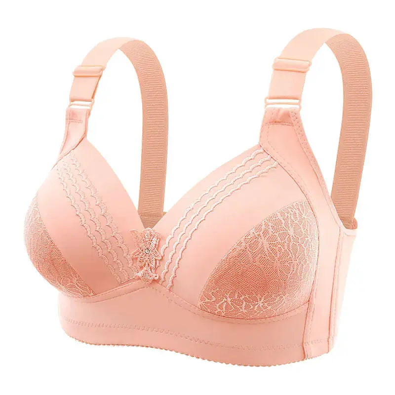 Simples Market peach pink wireless lace bra with satin cups and wide straps, large size