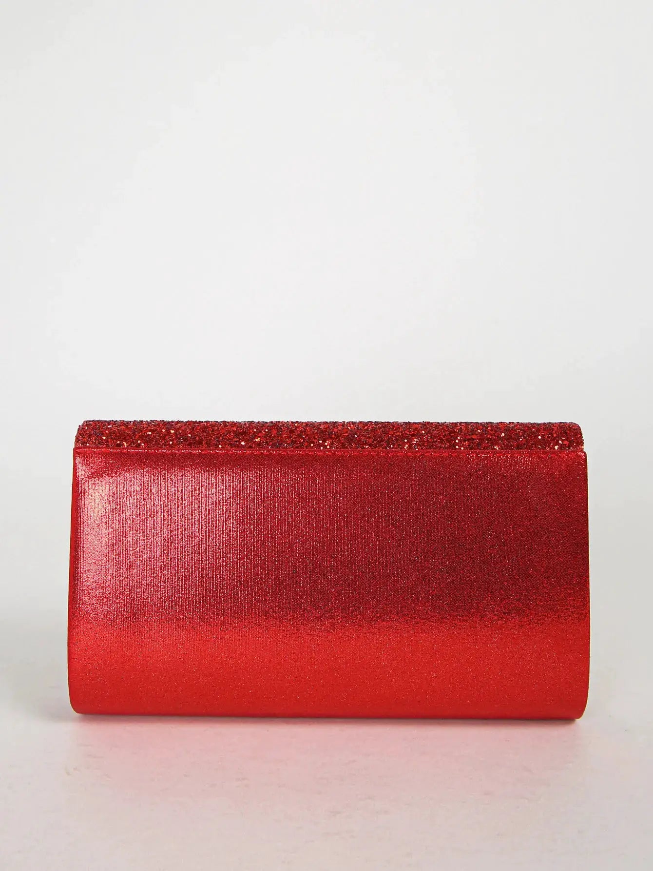 Women evening envelope clutch, red body with glittery top edge, party handbag.