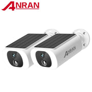 ANRAN outdoor solar security cameras (2-pack) in white with top solar panels and wall-mount bases
