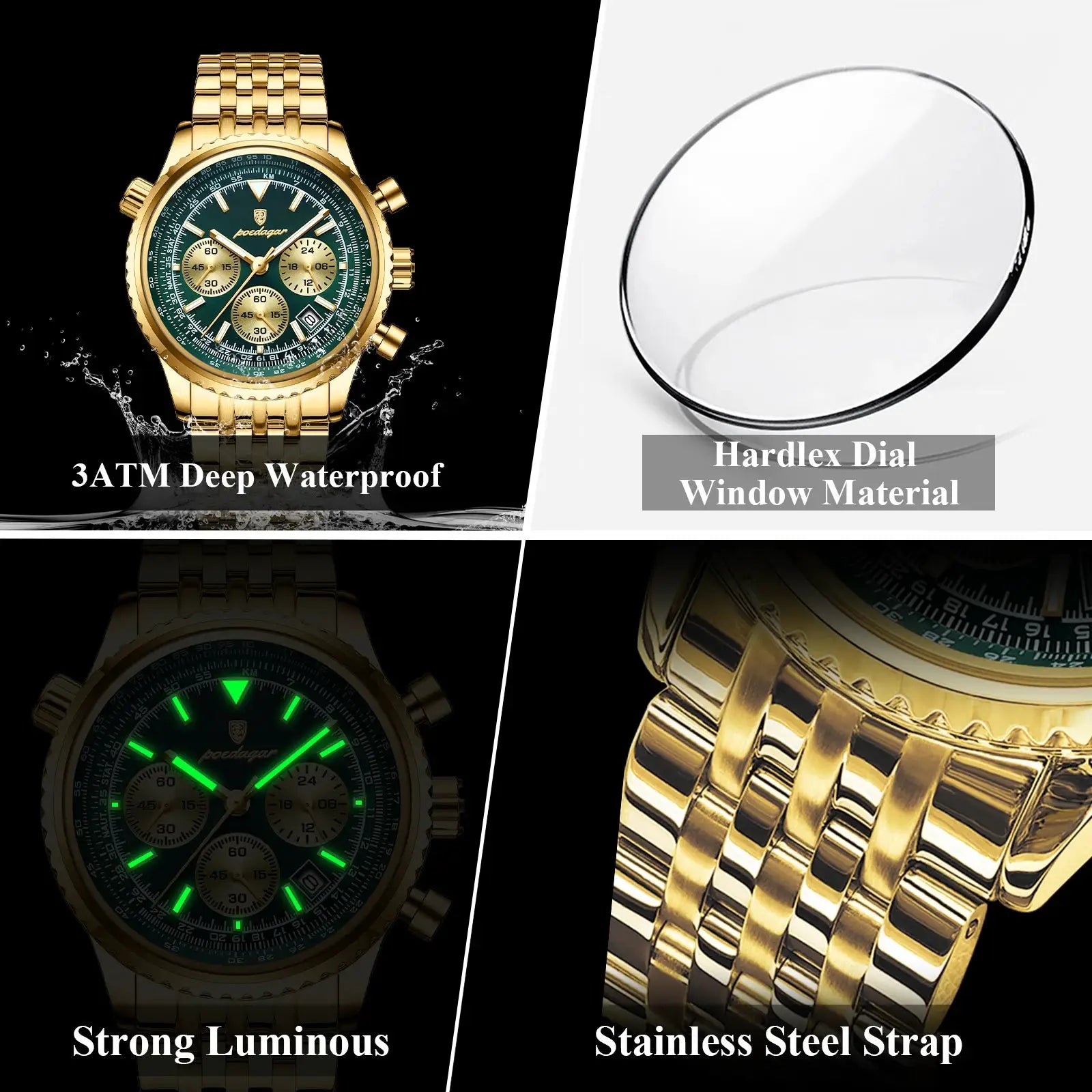 Poedagar gold stainless-steel chronograph men's watch with luminous dial 3ATM waterproof Simples Market