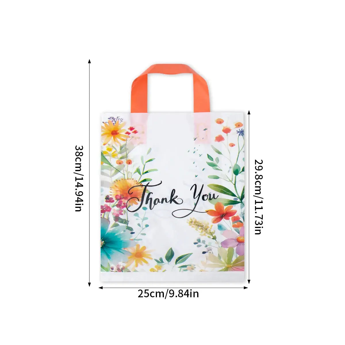 Plastic gift bag with orange handles and colorful floral design featuring Thank You text