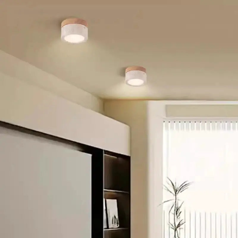 Simples Market Japanese Wabi Sabi Stone LED ceiling light, cream stone with wood accents, set of 2 downlights.