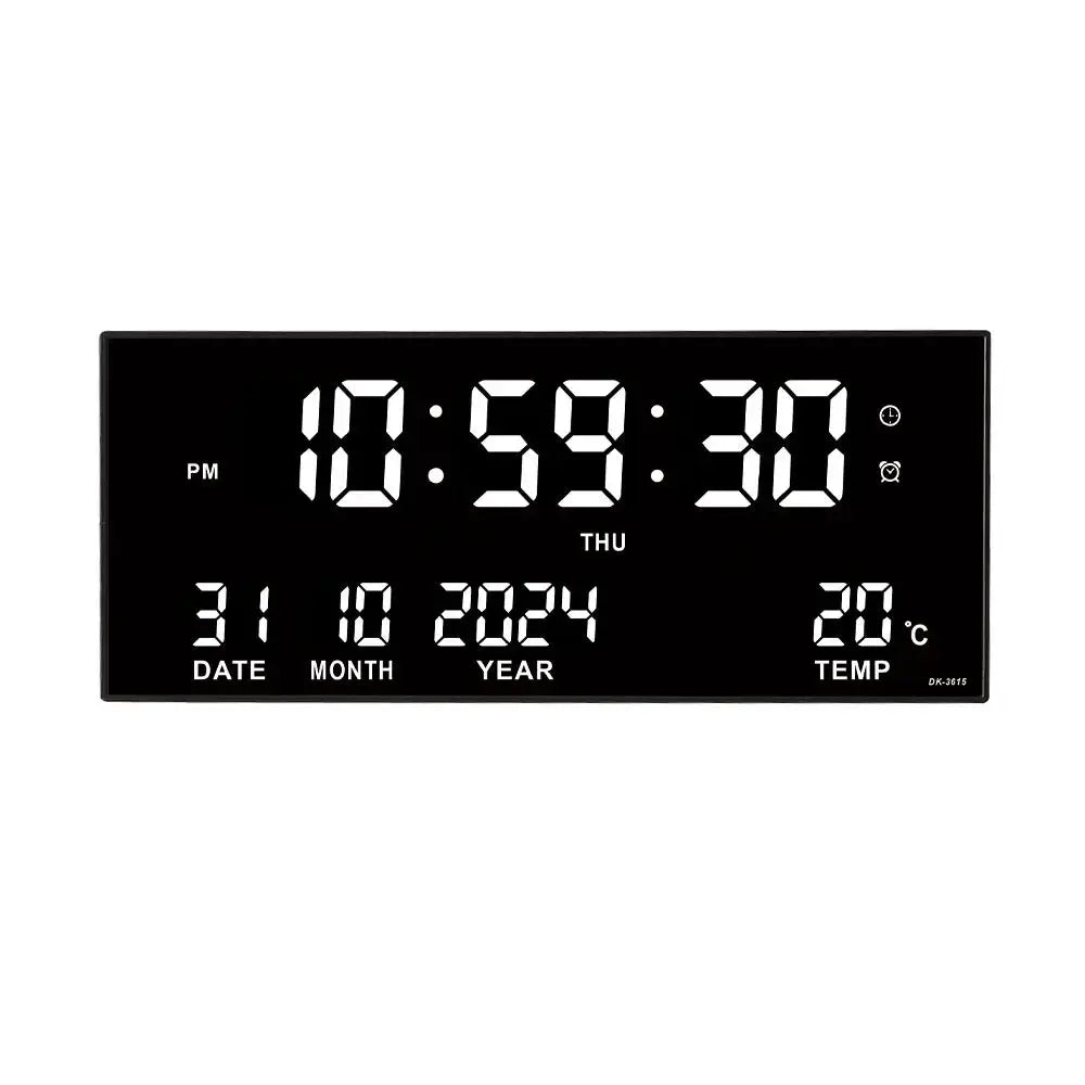 Simples Market 14-inch digital LED wall clock with time, date, calendar, temperature; plug-in