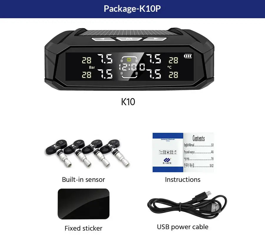 E-ACE TPMS sensor kit by Simples Market with LCD display, solar power, 8 Bar.
