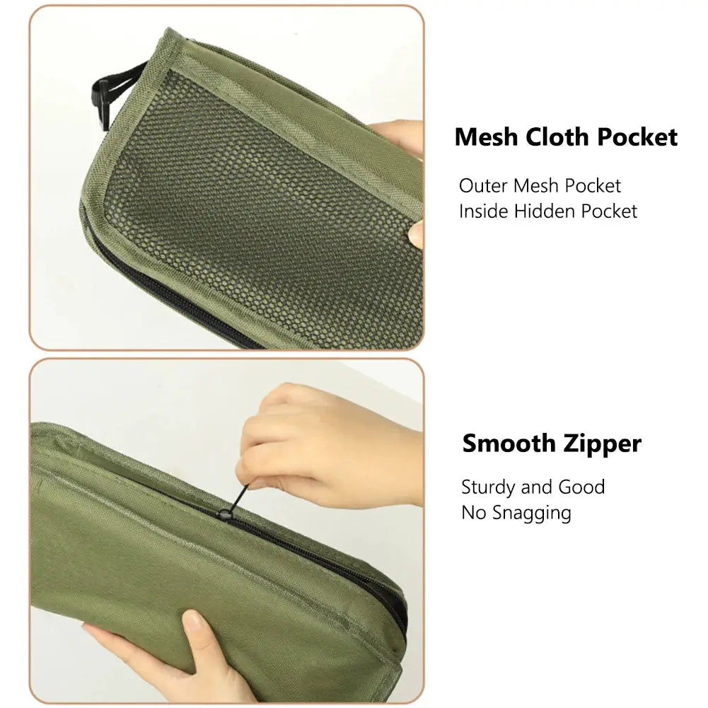 Simples Market olive-green folding stool with outer mesh pocket and smooth zipper, portable shoulder-bag style.