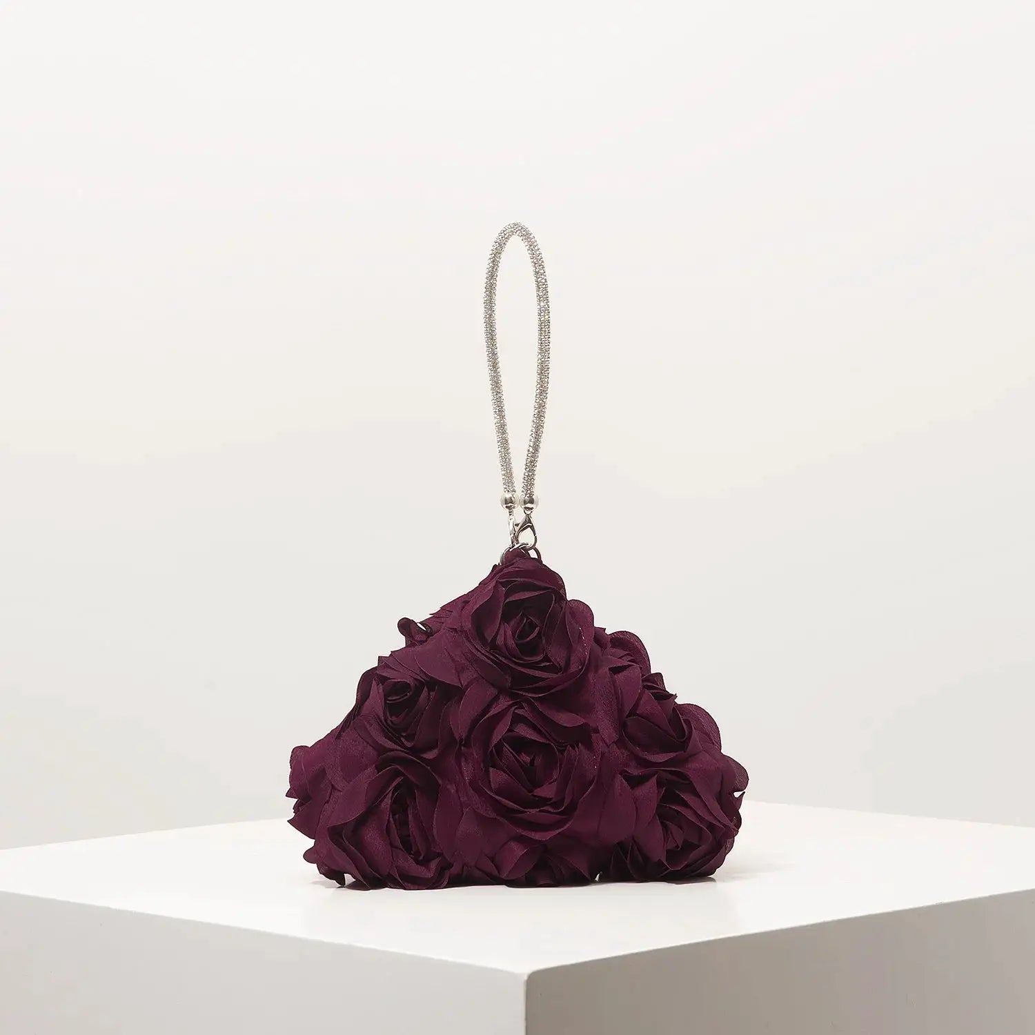 Mini purse with burgundy fabric rose bouquet and silver chain strap, bridal/prom bag