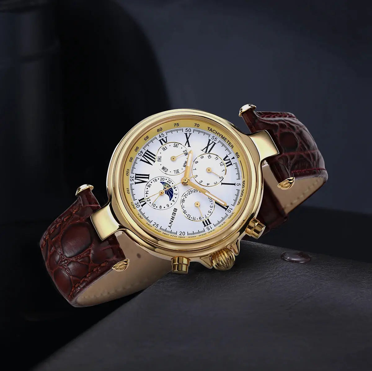 BERNY Retro Automatic Men's Watch with sun and moon phase, gold case and brown leather strap.