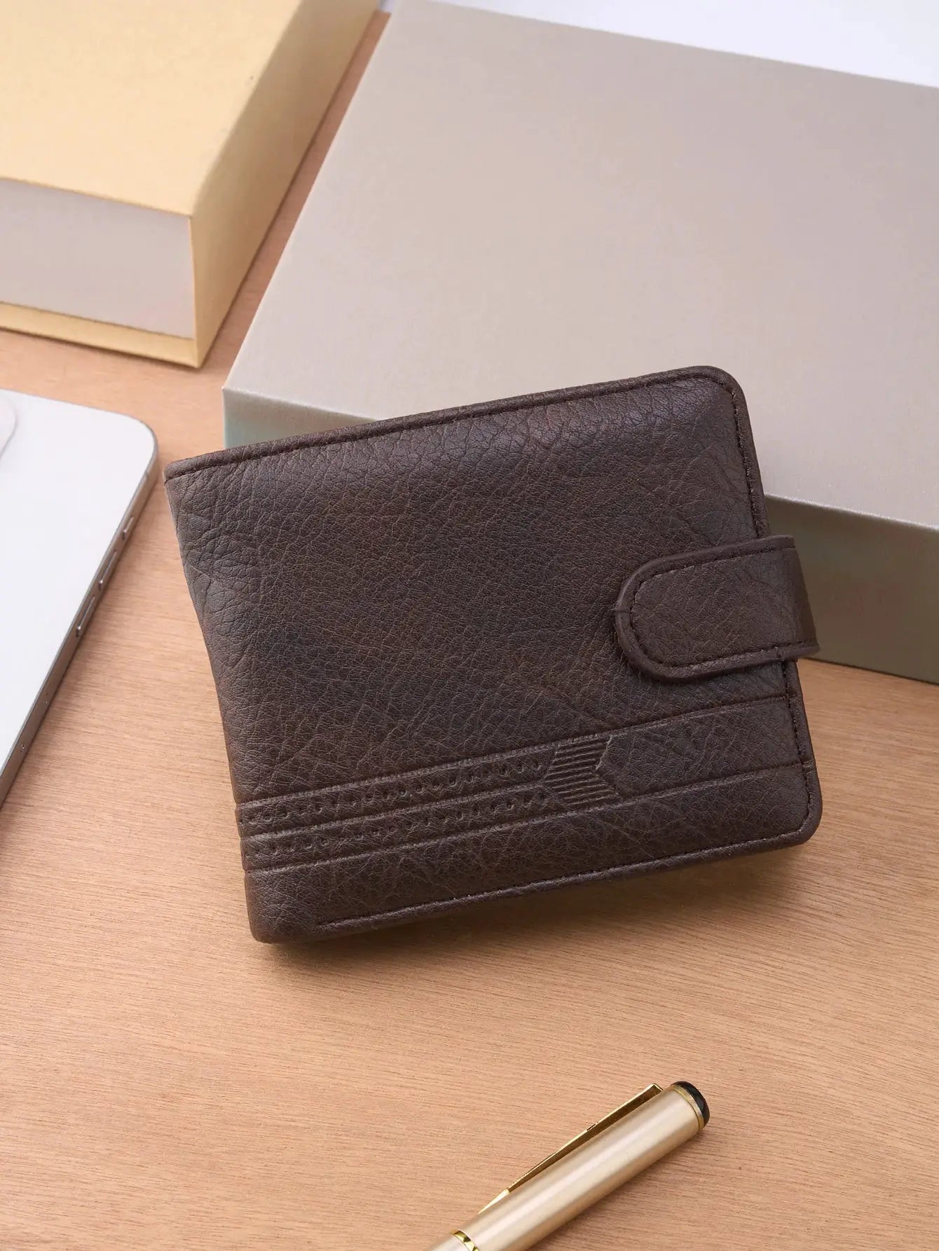Men's brown leather wallet with snap strap, slim cardholder, coin pocket