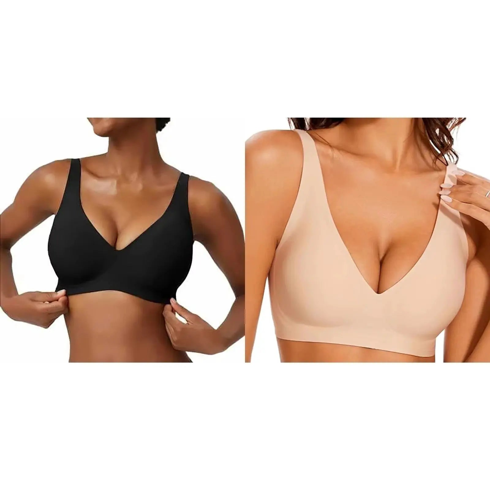 Two women's seamless wire-free bras in black and nude, full-coverage soft cups.