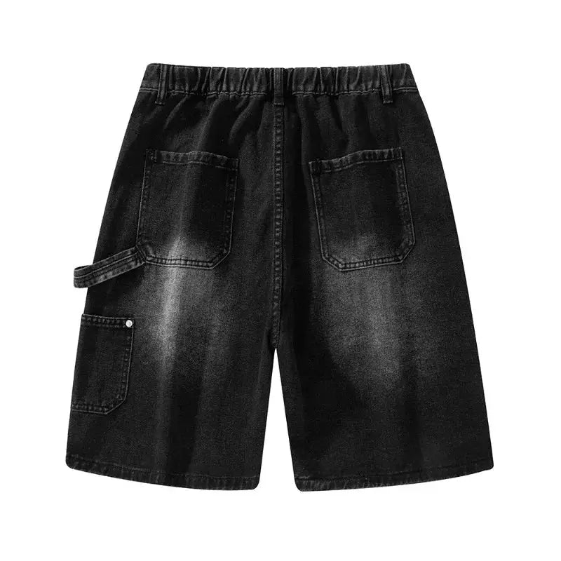 Men's black denim shorts with cargo pocket and back pockets, elastic waist, Simples Market
