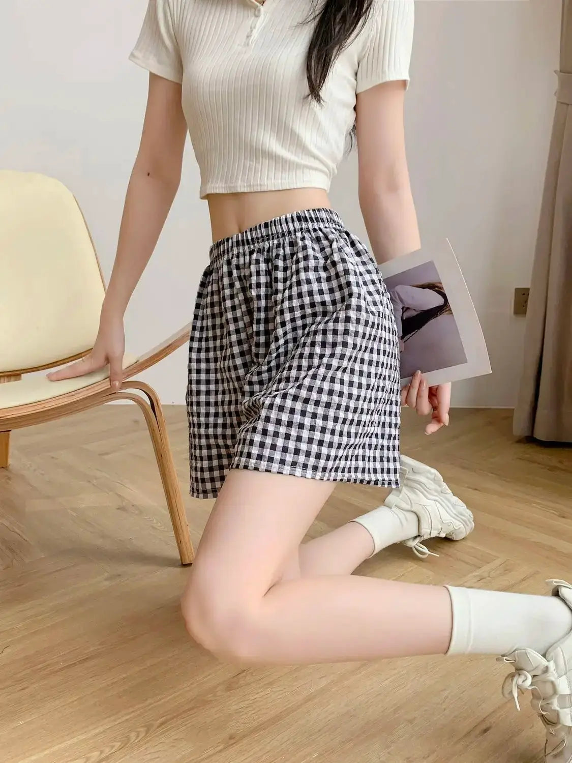 Simples Market Summer Home Shorts, women's high-waisted plaid shorts in black and white gingham.