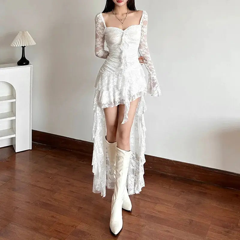 Nocturne Atelier Goth Lace Fairycore A Line Dress With Flare Sleeve Square Neck Irregular Hem For Cyber Y2K Party