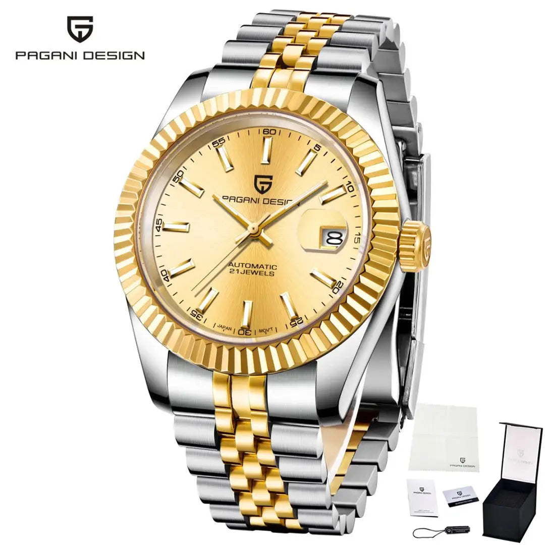 Pagani Design men's automatic watch with gold dial and two-tone Jubilee bracelet, 100m water resistant, box included