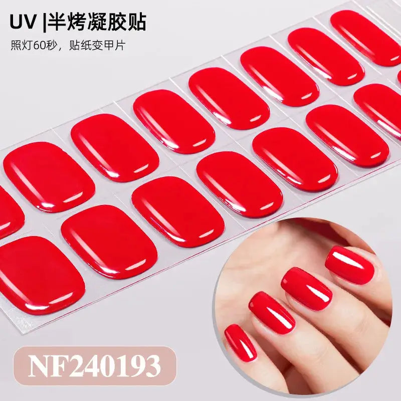 Simples Market 16/20/22-tip semi-cured gel nail wraps, full-cover red glossy stickers for DIY manicure under UV lamp.