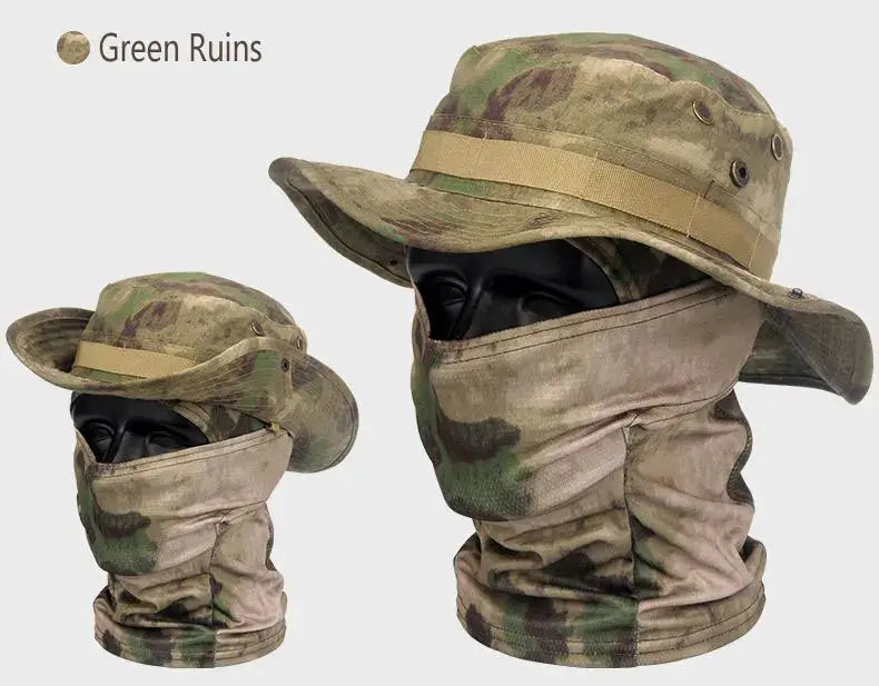 Camouflage boonie hats 2-pack with integrated neck gaiters for hiking and UV protection