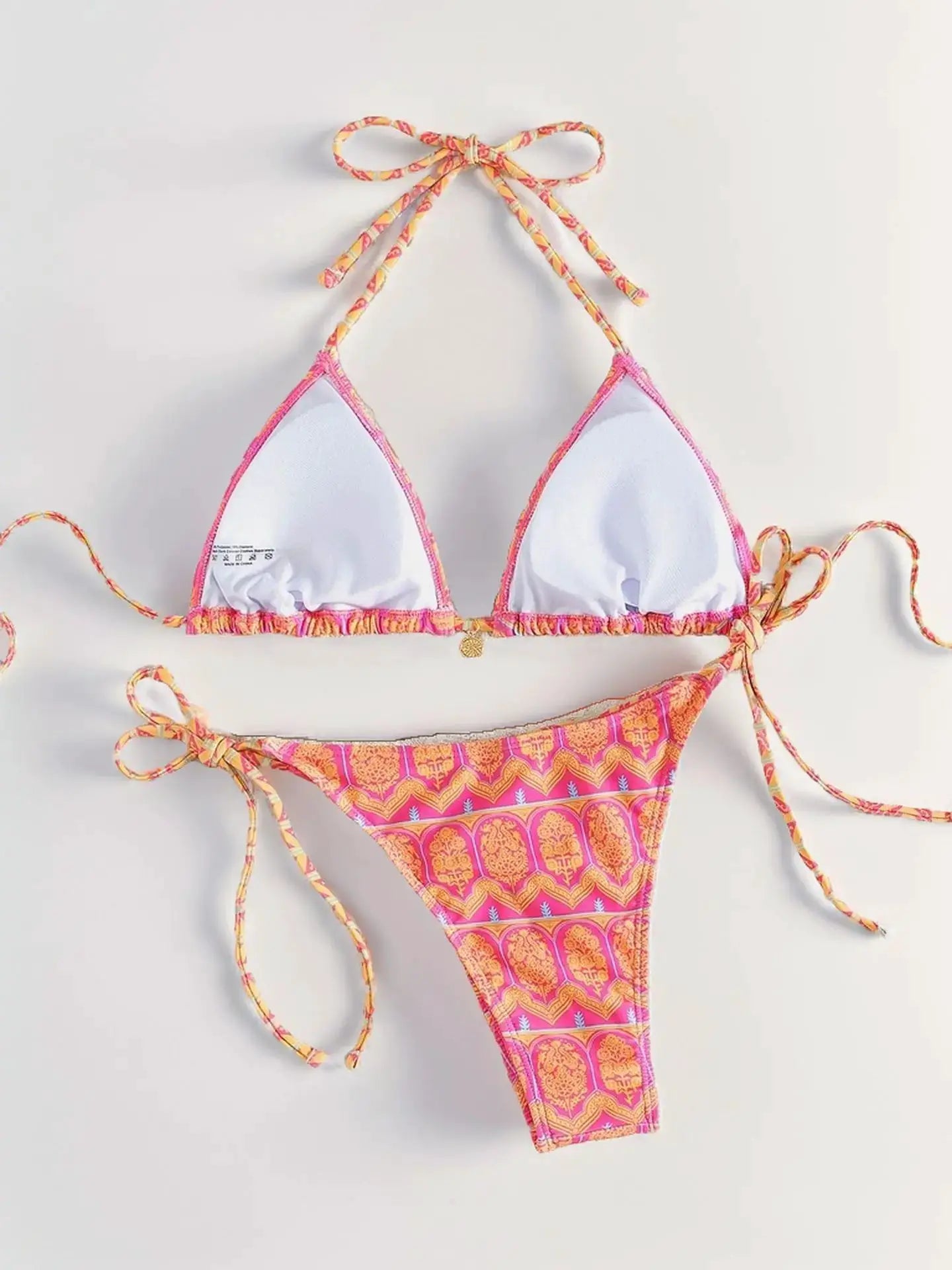 Simples Market women's bikini set, pink and orange printed two-piece with triangle top and adjustable tie sides