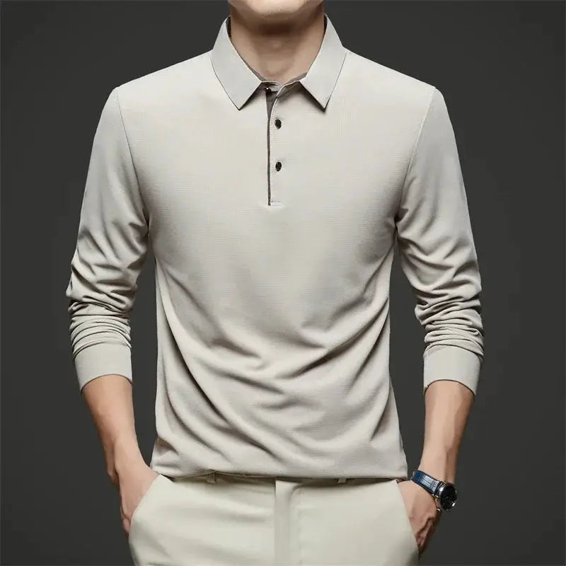 Men's long-sleeve polo shirt in beige, business casual solid color with collar and button placket