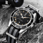 Corgeut 41mm automatic men's watch, black dial, luminous markers, stainless steel case, striped nylon strap