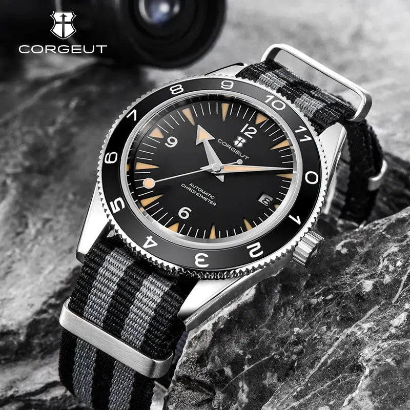 Corgeut 41mm automatic men's watch, black dial, luminous markers, stainless steel case, striped nylon strap