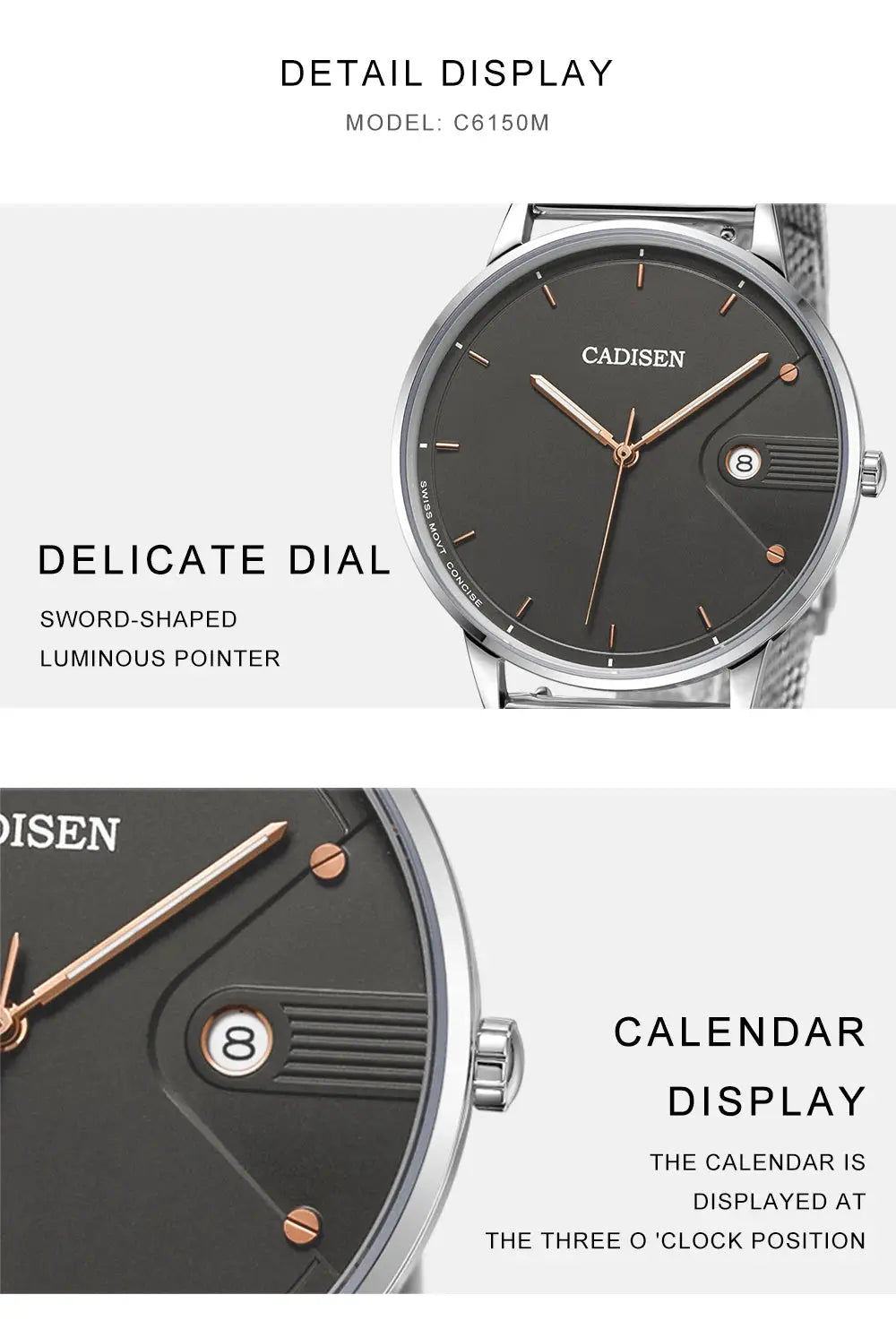 CADISEN men's quartz watch with dark gray dial, rose-gold sword hands, calendar, stainless steel Milano mesh strap