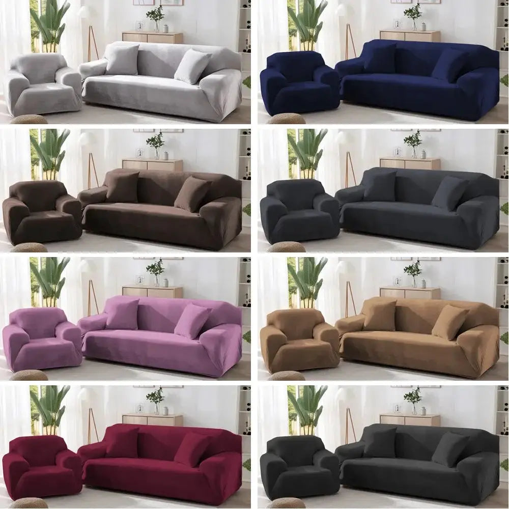 Stretch velvet sofa covers by Simples Market in 8 color options with non-slip elastic bottom for 1–4 seat couches.