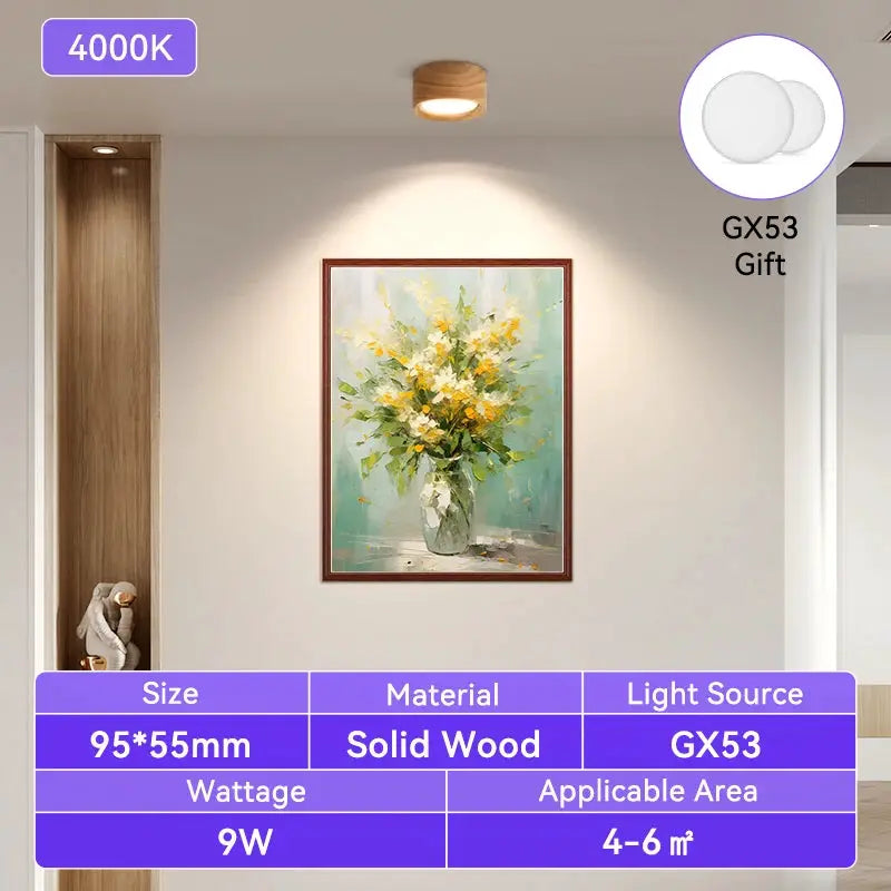 GX53 wooden ceiling lamp LED downlight by Simples Market, 9W, solid wood, 4000K, 4–6 m²