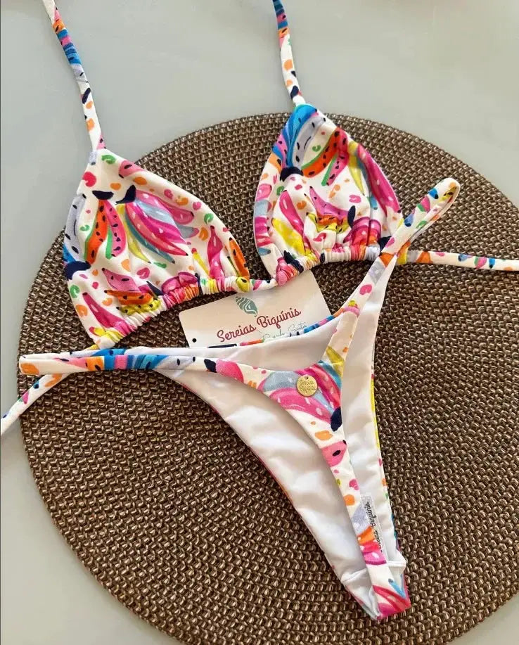 Bikini set with tropical print, halter top and thong bottoms, Simples Market